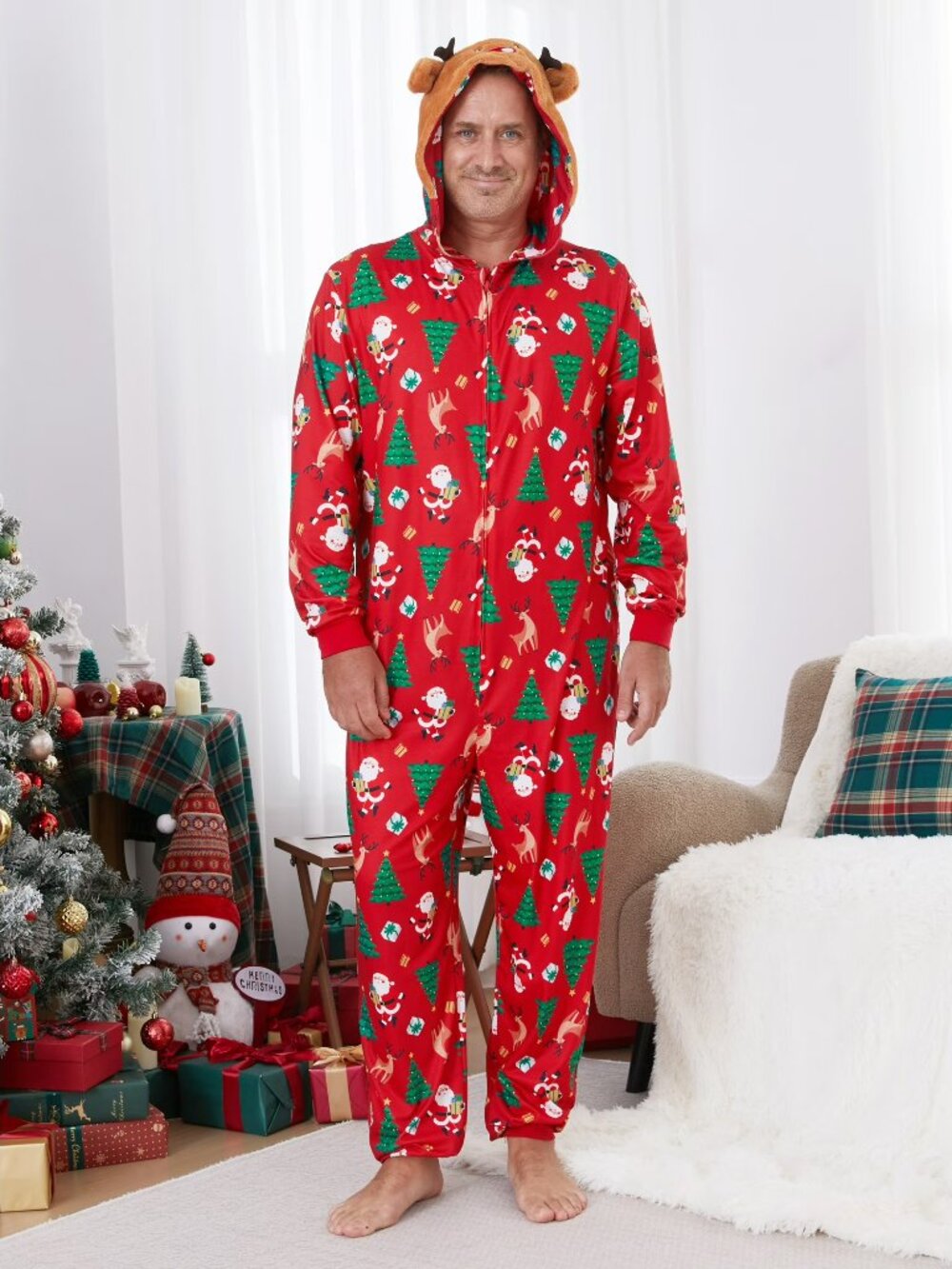 PatPat Men's Pajamas Matching Family Christmas Pajamas Red Reindeer Hood Medium